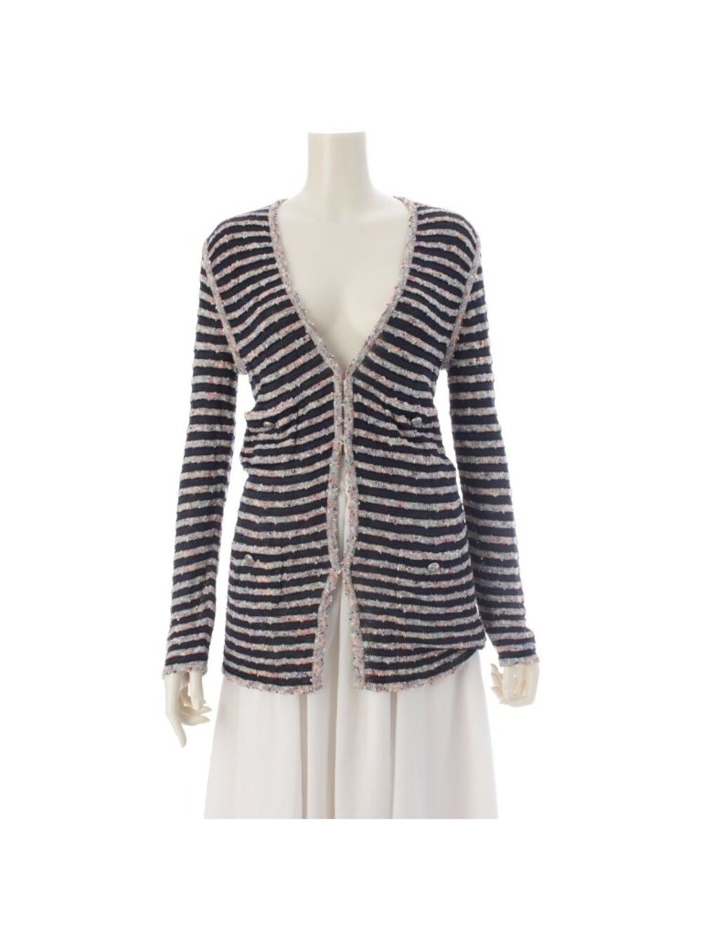 Chanel Knit Long Sleeve Coco Buttons Border Long Cardigan Multicolor 40
